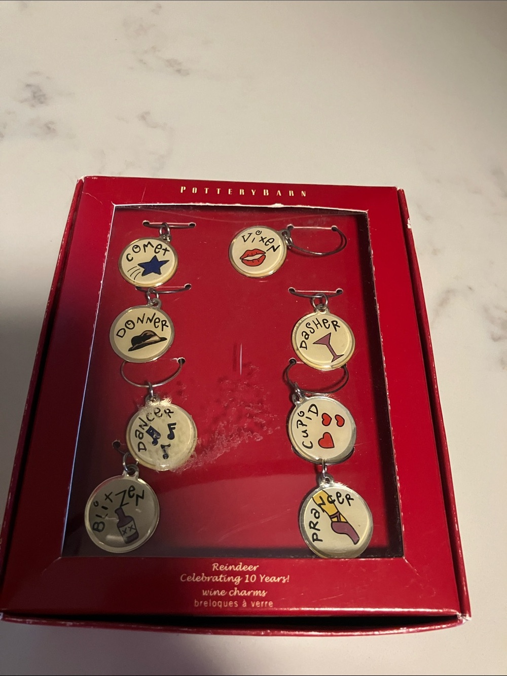 Vintage circa 2000s Pottery Barn Reindeer Wine Charms, original boxed set